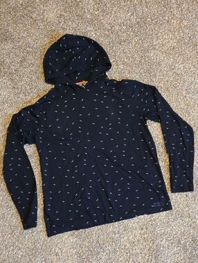 DENIM & FLOWER Navy Blue Bird Print Hooded Shirt